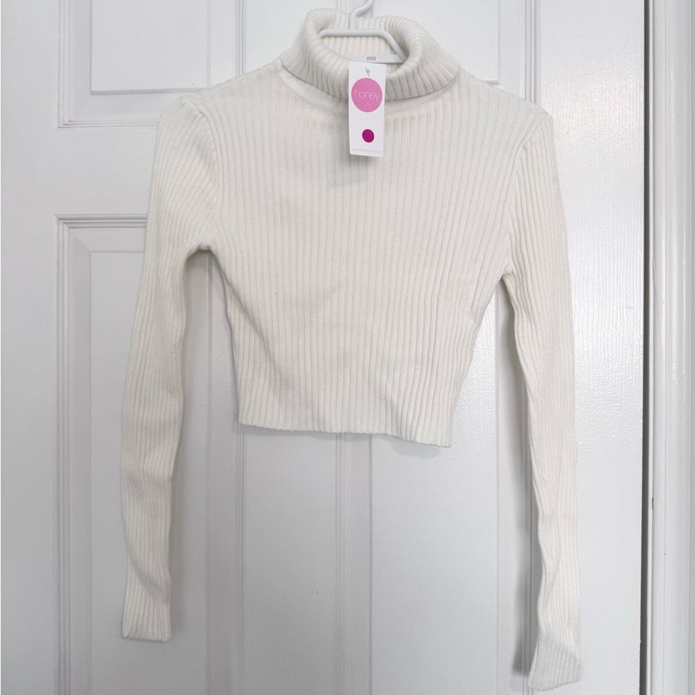 Brand New Honey White Ribbed Cropped Turtleneck
